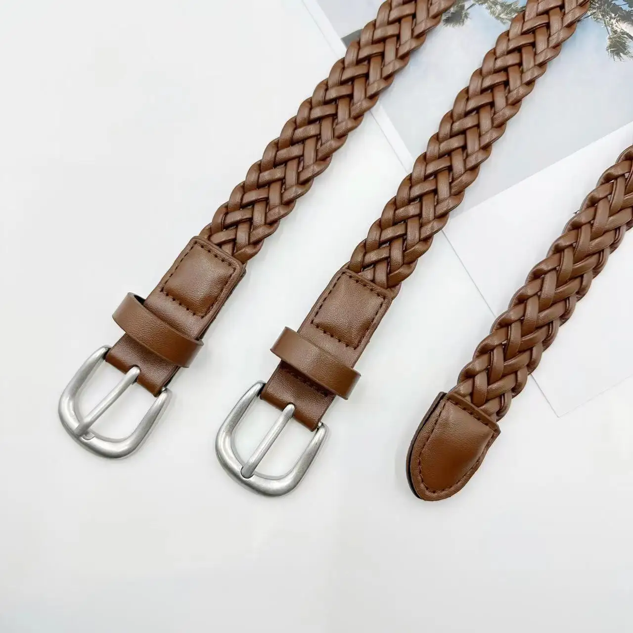 Maikun New Women\'s Coffee Braided Belt Fax Leather All-Match Vintage Pin Buckle Fashion Jeans Belt