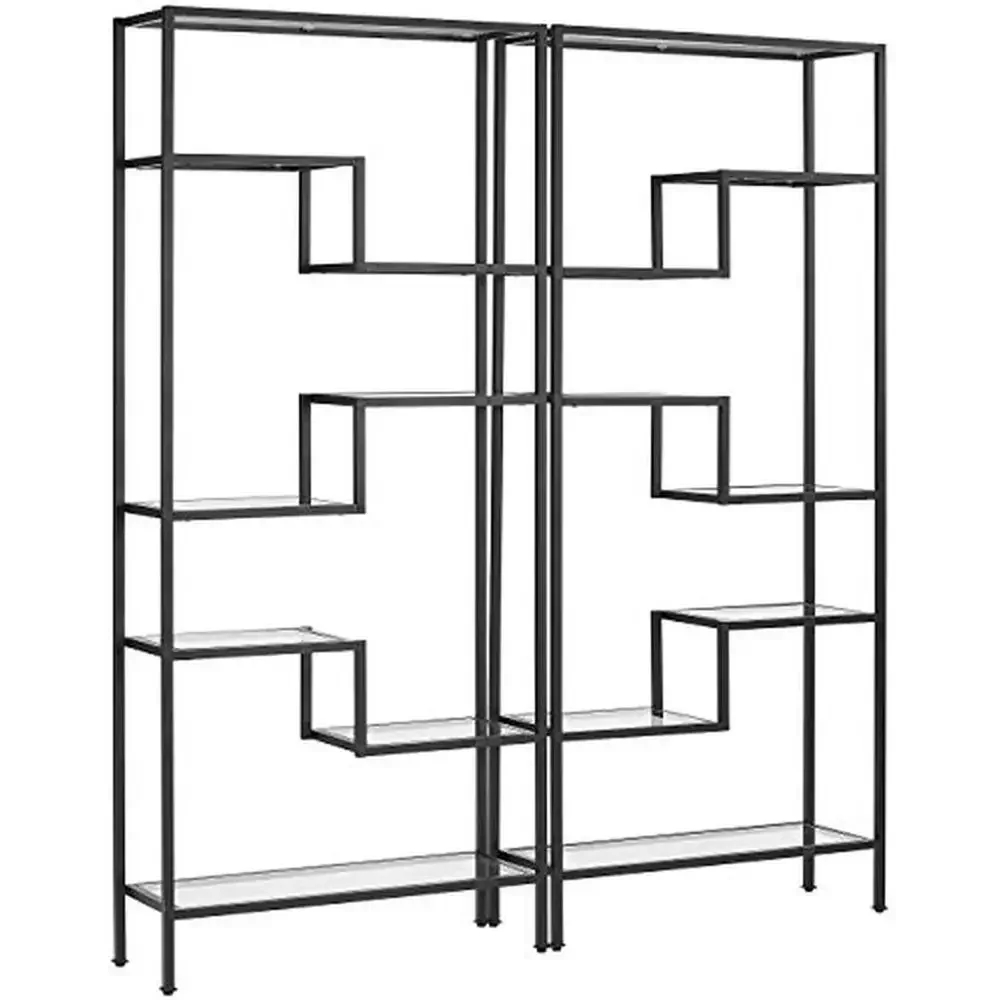 Matte Black Metal 14-Tier Bookshelf Set Glass Shelves Etagere Modern Design Fast Assembly Sturdy Steel Construction Living Room