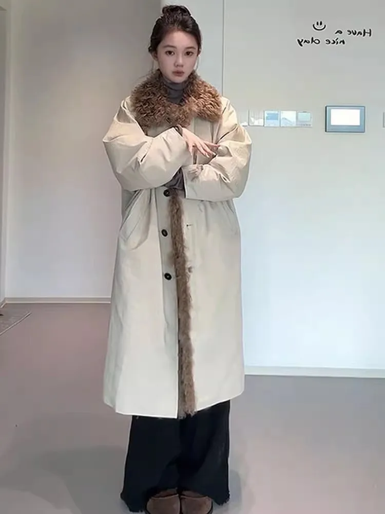 الكورية نمط فو الأغنام الفراء طوق المرأة طويلة أسفل معطف فضفاض صالح معطف واحد الصدر سترة منفوخة شتاء دافئ ملابس خارجية #3