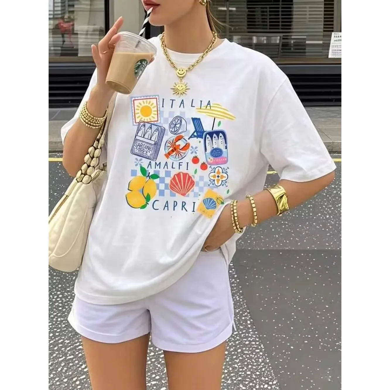 Women's European-style summer Amalfi Capri lemon print T-shirt, an Italian resort-style fashionable and casual top, suitable for the beach, holidays, and everyday wear, white.