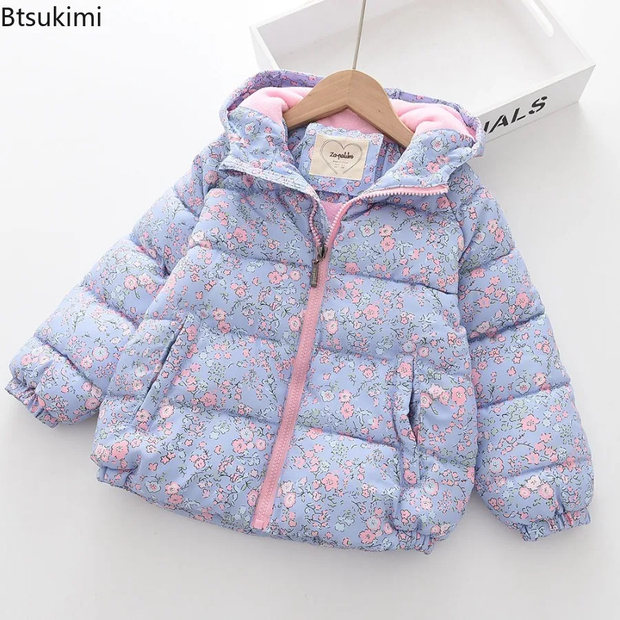 Baby Girls Cotton Jacket Middle Small Children Winter Short Children's Female Treasure Print Flowers Cotton Clothing 100-150cm