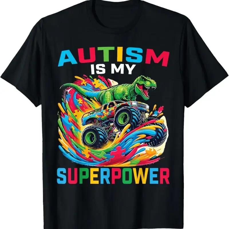 Autism Is My Superpower Dino T Rex Monster Truck Kids Boys T-Shirt