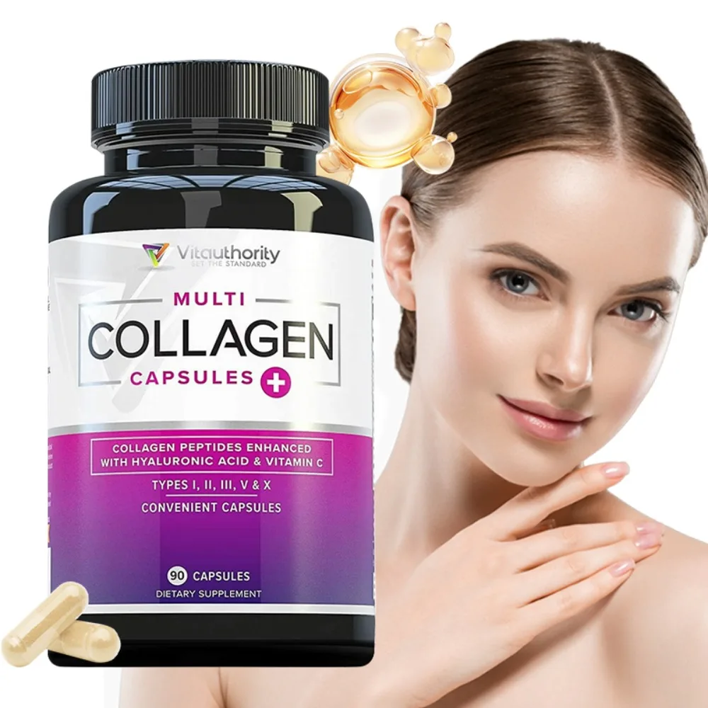 Multi Collagen with Hyaluronic Acid & Vitamin C: 5 Type Hydrolyzed Collagen Protein Peptides, Types I II III V X, 90 Capsules