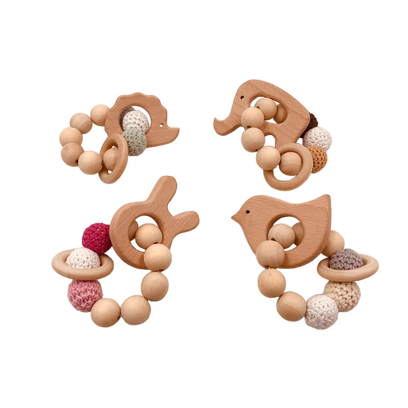 1Set Baby Toys Music Rattle Wood Crochet Bead Bracelet Wooden Rodent Chew Play Gym Montessori Baby Teether Products Newborn Gift