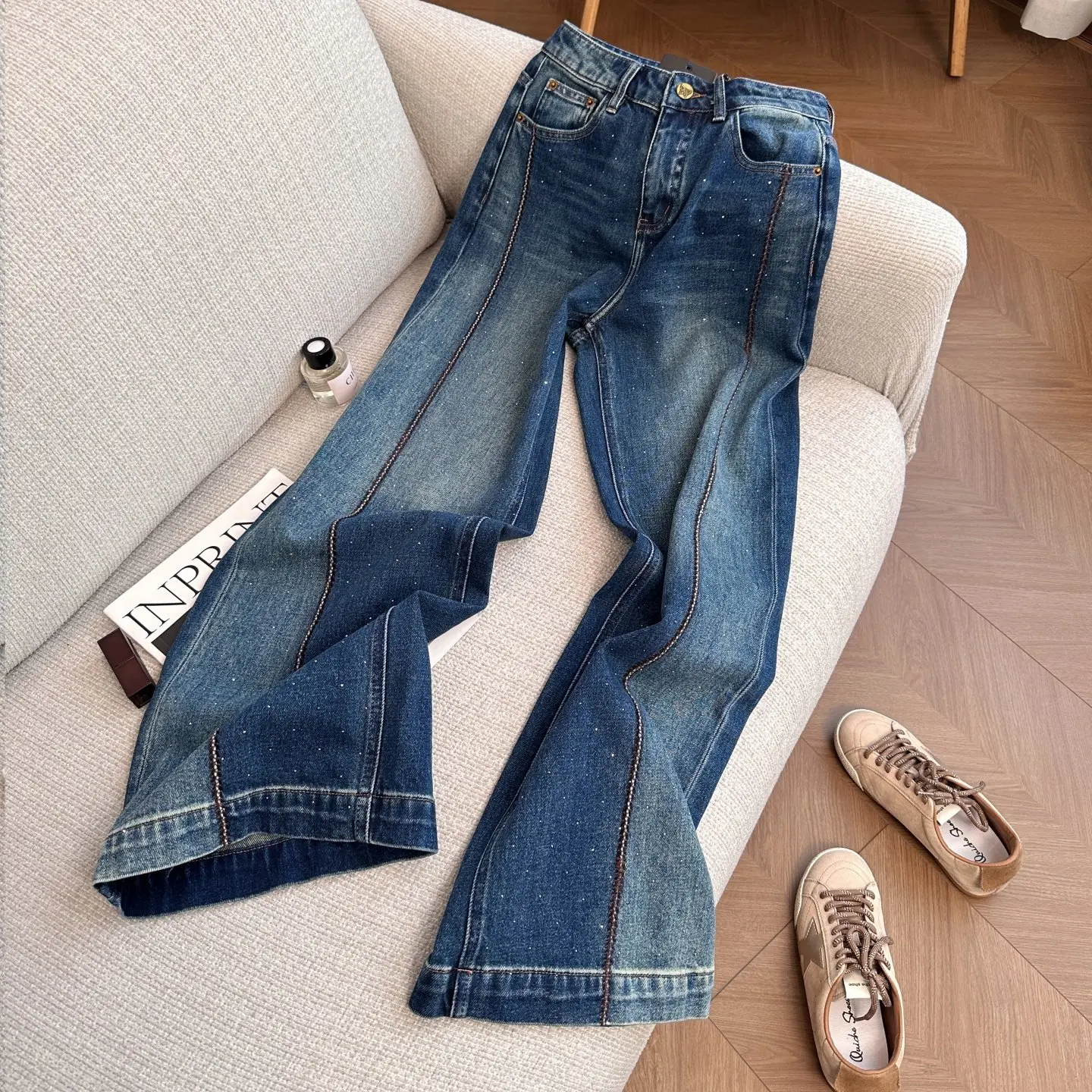 

Американские ретро-джинсы синего цвета со стразами, женские модные брюки с высокой талией, широкими штанинами, прямые, 2026, новинка, повседневные джинсовые брюки