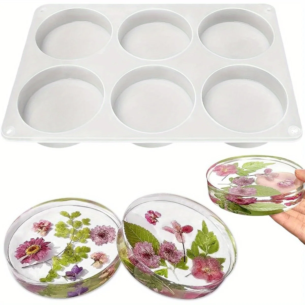 6-hole deep round coaster moulds, 4-inch coaster silicone moulds for epoxy plaster-cement mixes, flower insect specimen moulds