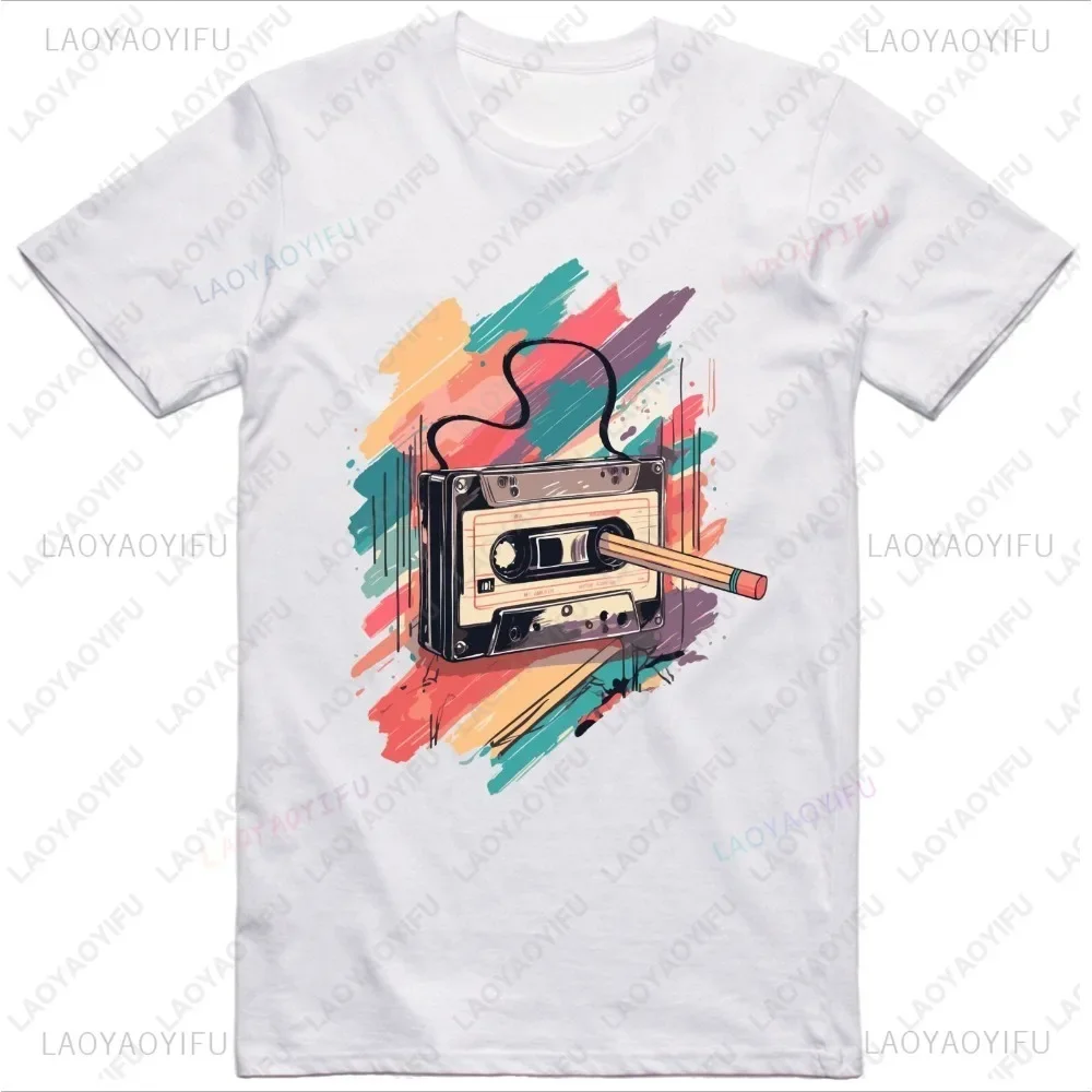 Cassette Music Pencil Rewind Graphic Novelty Cotton Printed Tees Fashion Casual Streetwear Hip-hop Hipster O-neck Tops Tshirt