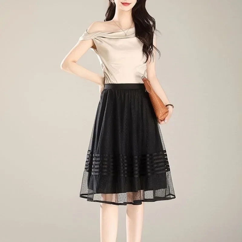 Black Patchwork Mesh Midi Women's Skirt Tulle High Waist Female Skirts Clothing Trend 2025 Aesthetic A Line Streetwear Premium V