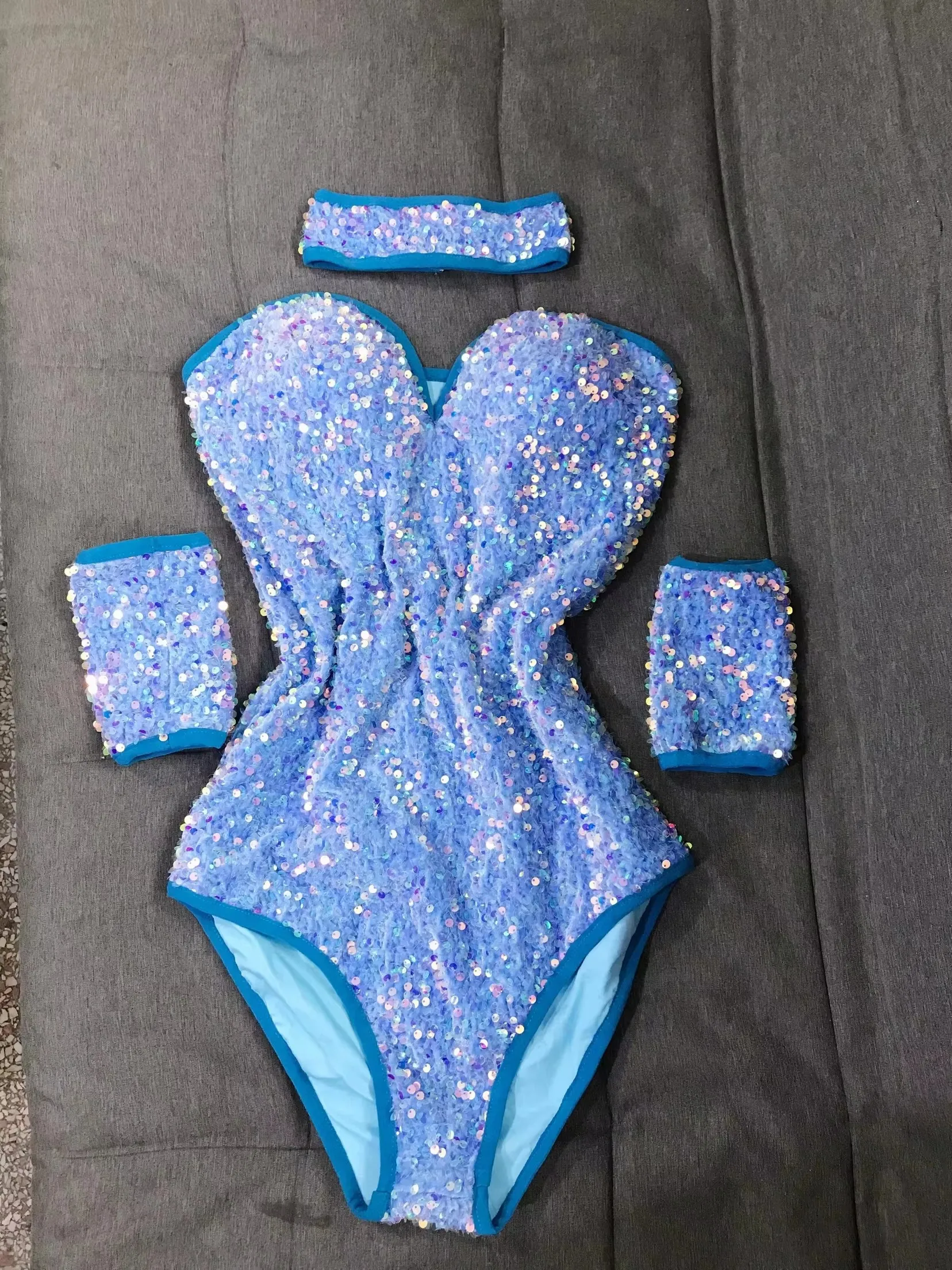 Sequins Bodysuit Stage Wear Bar Nightclub Sexy Blue Pink Velvet Women Dancer Singer Jazz Dance Costume Club Party Rave Outfit