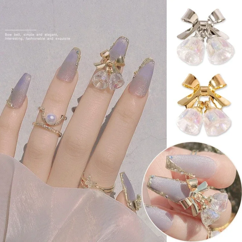 1Pc Transparent Crystal Bell Bow Nail Charms, Color Retaining 3D Stereo Ornaments For Trendy DIY Press On Nail Manicure Decor