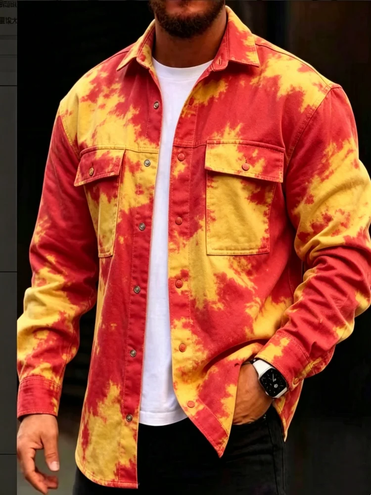 Men's Red Yellow Cloud Tie Dye Fake Denim Long Sleeve Shirt Lapel Button Down Double Chest Pocket Casual Street Top