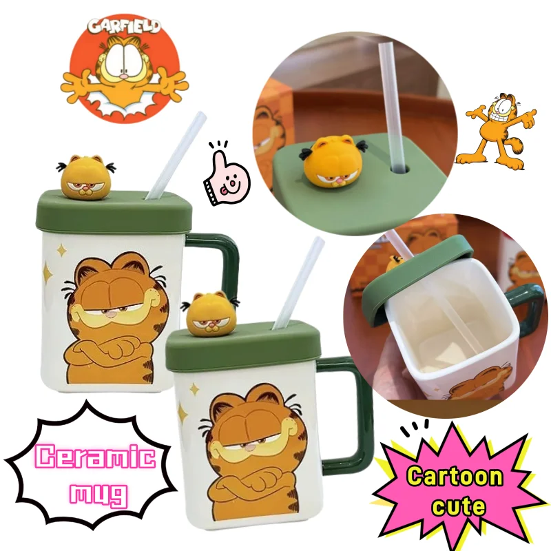 New Garfield Ceramic Cup High Beauty Value Creative Household Suction Cup Cartoon Cute Couple Mug with Handle Lid Birthday Gift