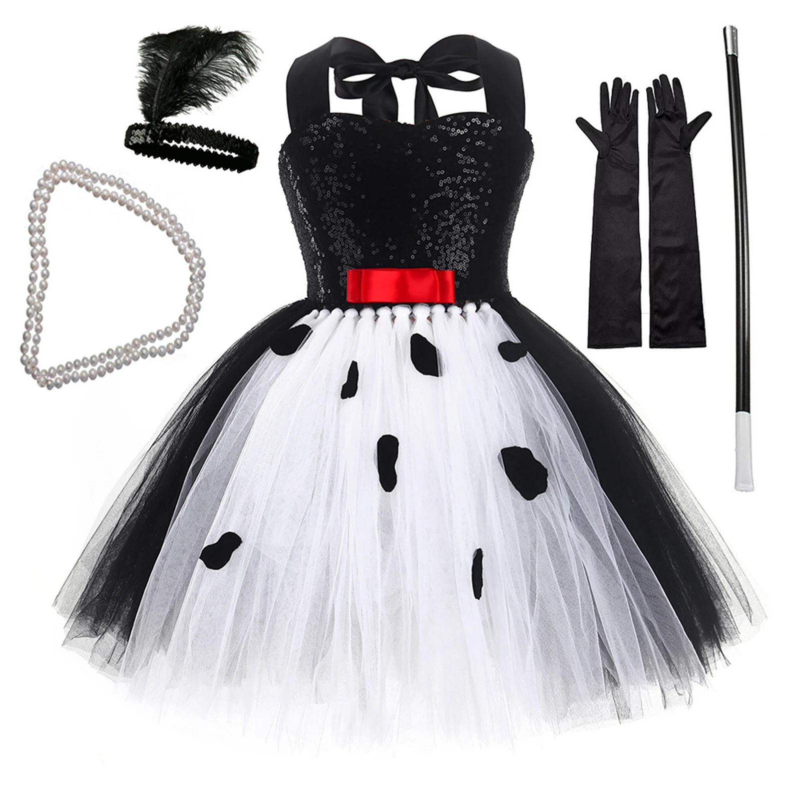 

Black White Kids Cosplay Puffy Dress Girls Art Costume Tutu Skirt with Glove Accessory Set for Halloween Party Performance Dress