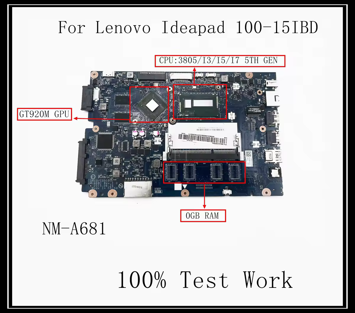 Материнская плата NM-A681 для ноутбука Lenovo Ideapad 100-15IBD B50-50 с процессором 3805U I3 I5 I7, графическим процессором GT920M 1 ГБ, памятью DDR3, 100% протестирована