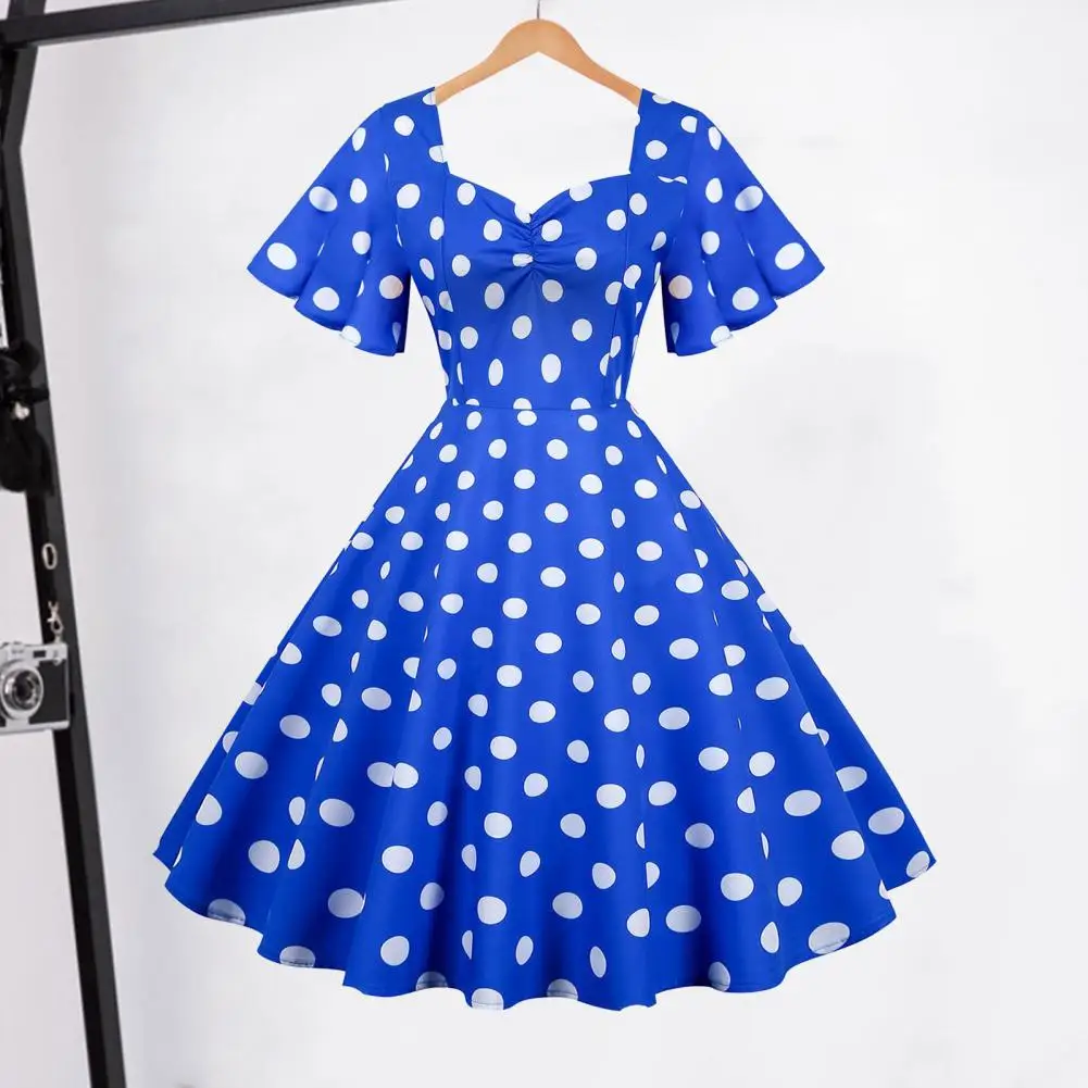 Retro Midi Dress Elegant Retro A-line V Neck Evening Dress with Dot Print Ruffle Sleeves for Women High Waist Midi Party Prom