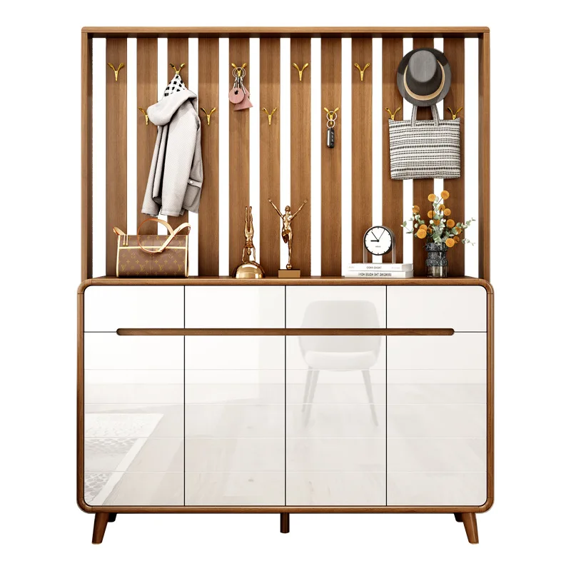 Large-capacity multi-functional locker at the door of the home, integrated with a solid wood frame seat