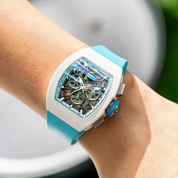 CRONUSART Men Automatic Watch 50MM Chronograph Tonneau Mechanical Wristwatch Luminous Fluororubber Case Skeleton Dial