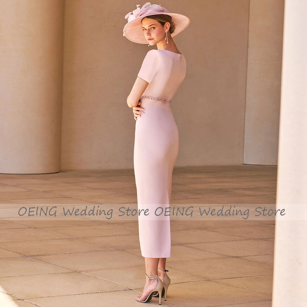 Pale Pink Mother of the Bride Dress for Weddings Sheath/Column Simple Wedding Guest Gowns Midi O Neck Short Sleeves Party Dress