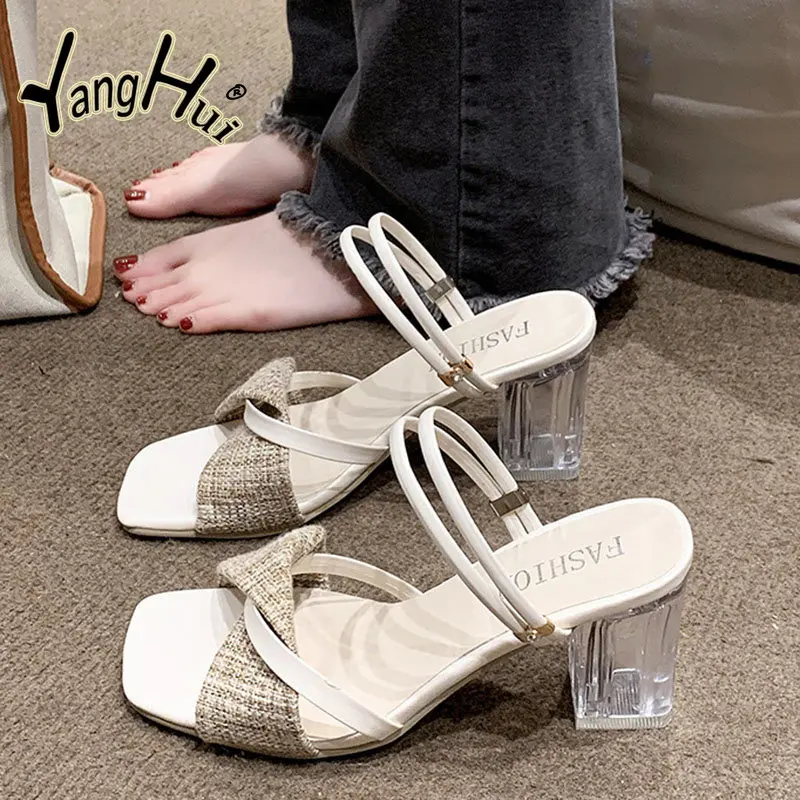 Sandalias de tacón alto grueso de estilo coreano japonés, sandalias de mujer con cabeza cuadrada Simple a la moda, Color a juego para verano 2023