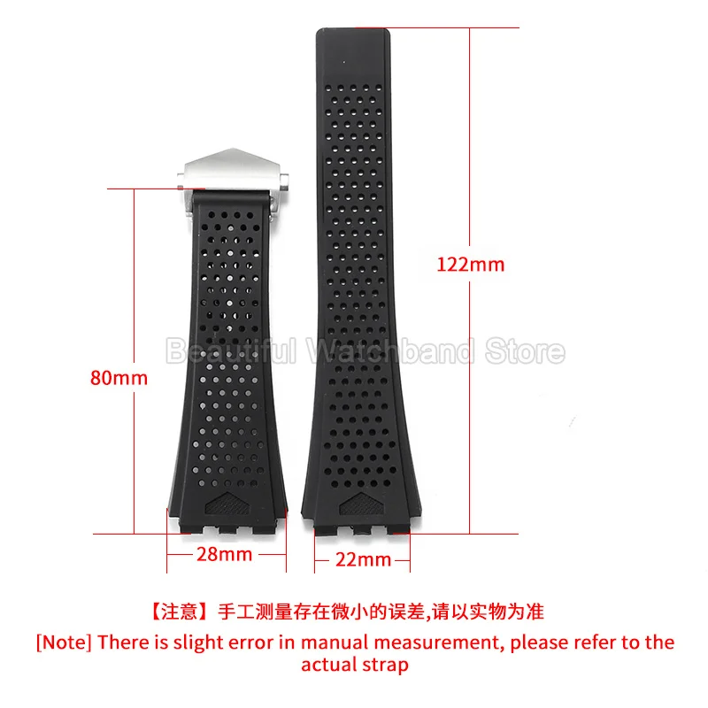 Folding Clasp Liquid Silicone Watch Accessories Black 22x28mm for TAG Heuer‑01 CARRERA Series Skin-Friendly Breathable Watchband