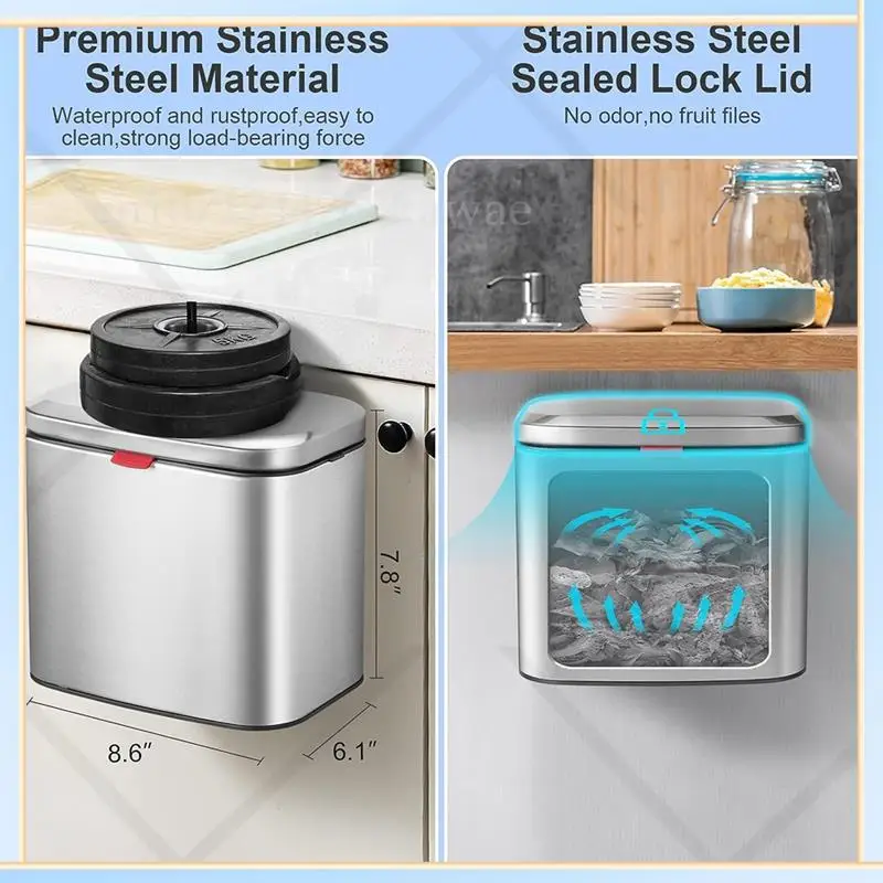 Contenedor de Compostaje Colgante de Acero Inoxidable A16I de 1.05 Galones, Bote de Basura Montado en la Pared con Tapa, para Puerta de Gabinete de Cocina o Fregadero