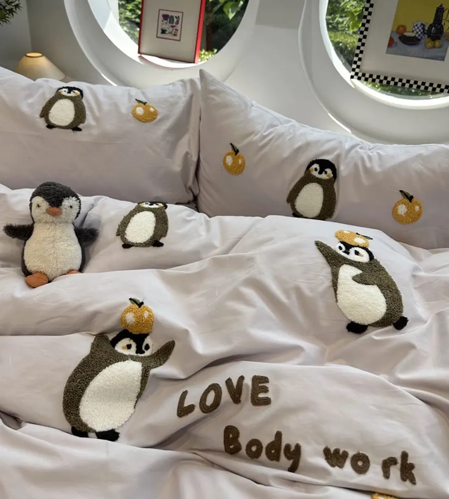 Fashion cute embroidery penguin bedding set double,full queen king lovely cotton home textile bed sheet pillow case quilt cover