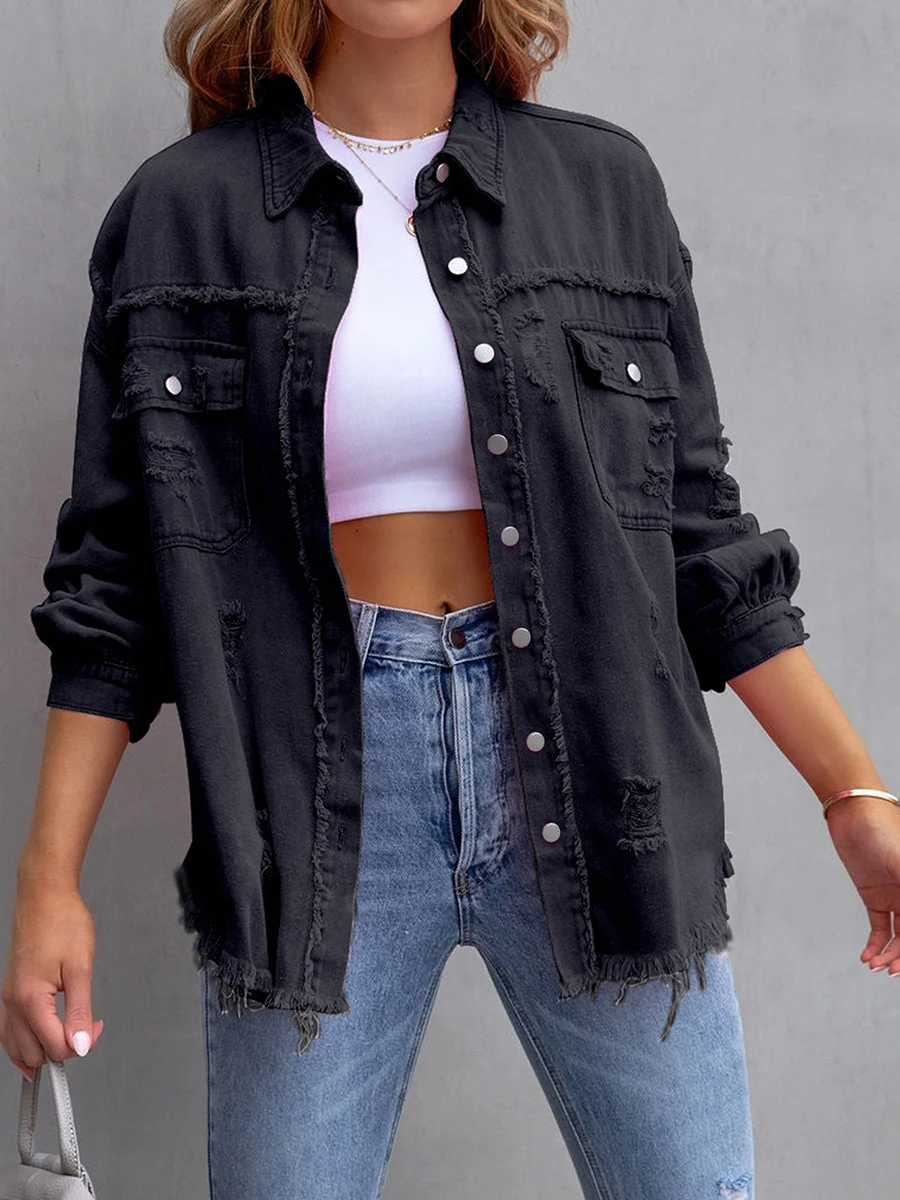 Women's Casual Denim Jacket Vintage Long Sleeve Button Down Boyfriend Loose Jean Jacket Coat Outwear Y2K Streetwear