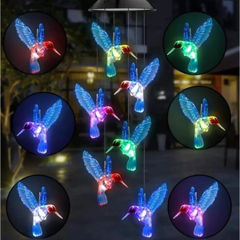 New Outdoor Solar Wind Chime Light LED Rainbow Gradient Hummingbird Butterfly EVA Ball Garden Wind Chime Christmas Gift