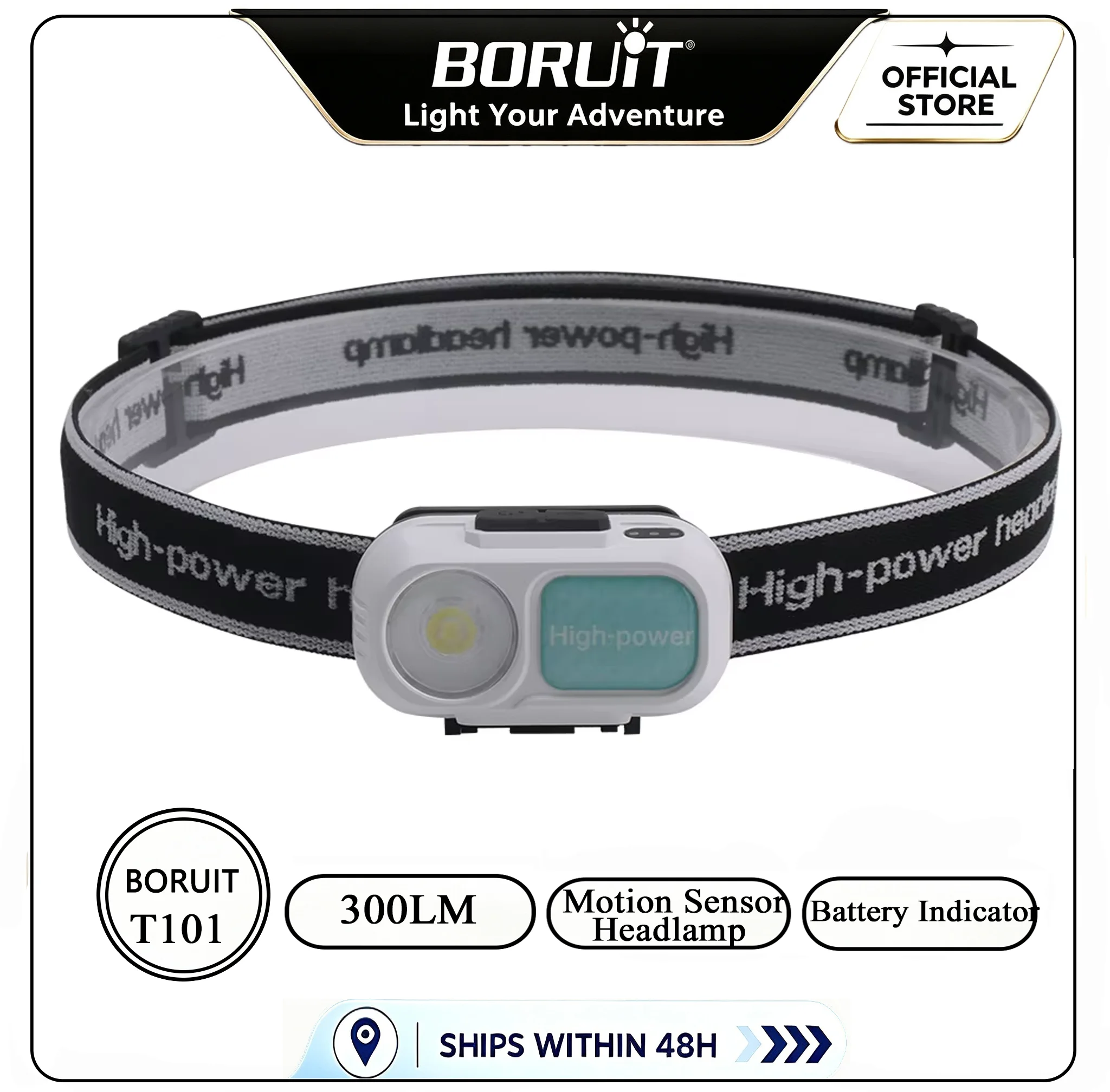 BORUiT T101 300LM Motion Sensor LED Headlamp Type-C Rechargeable 1200mAh Headlight Waterproof Camping Head Torch