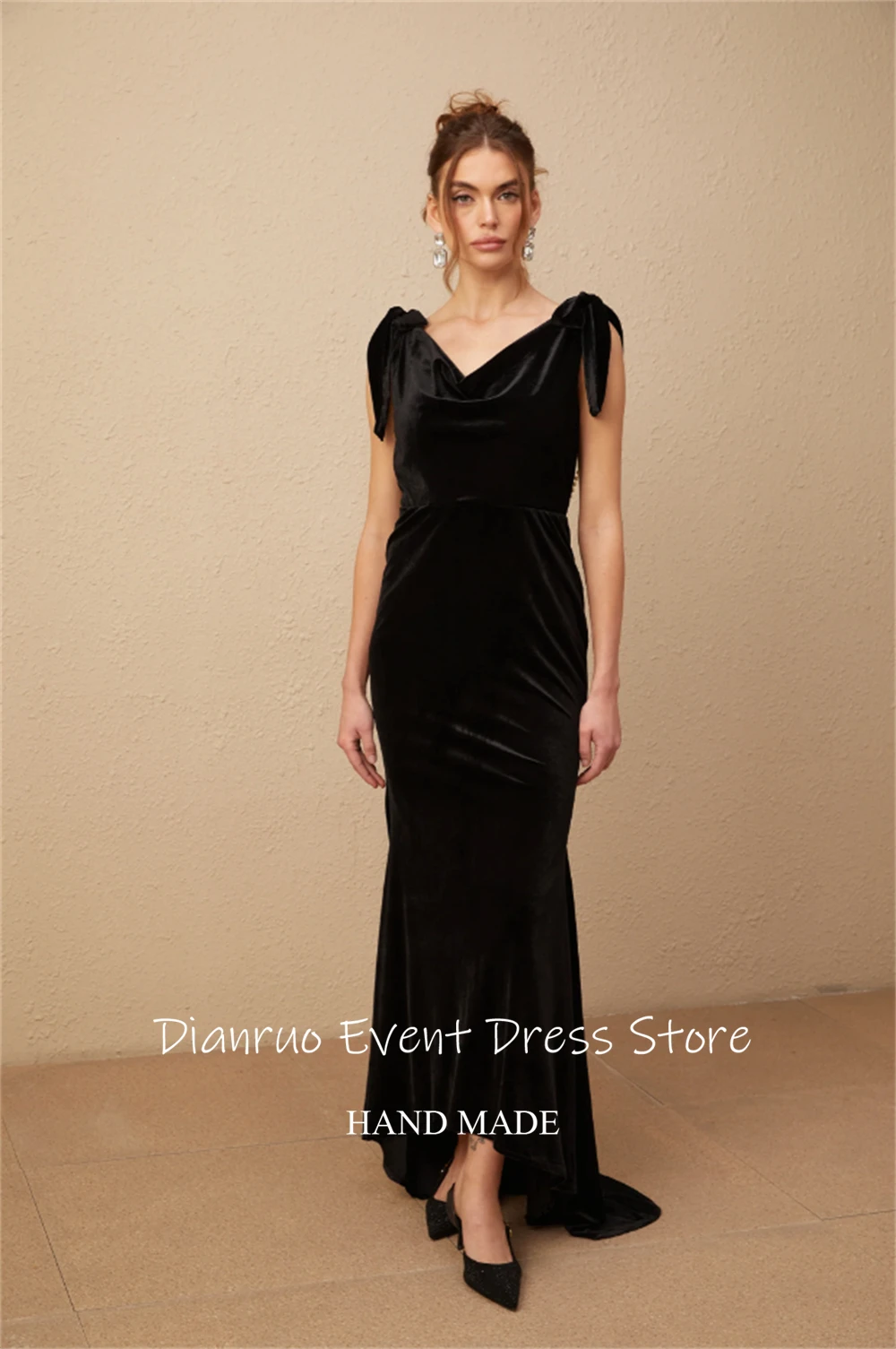 Dianruo Vintage Backless V Neck Evening Dress Back Pearls Maxi Vestidos De Fiesta Black Velvet Abiti Da Cerimonia Customized #3