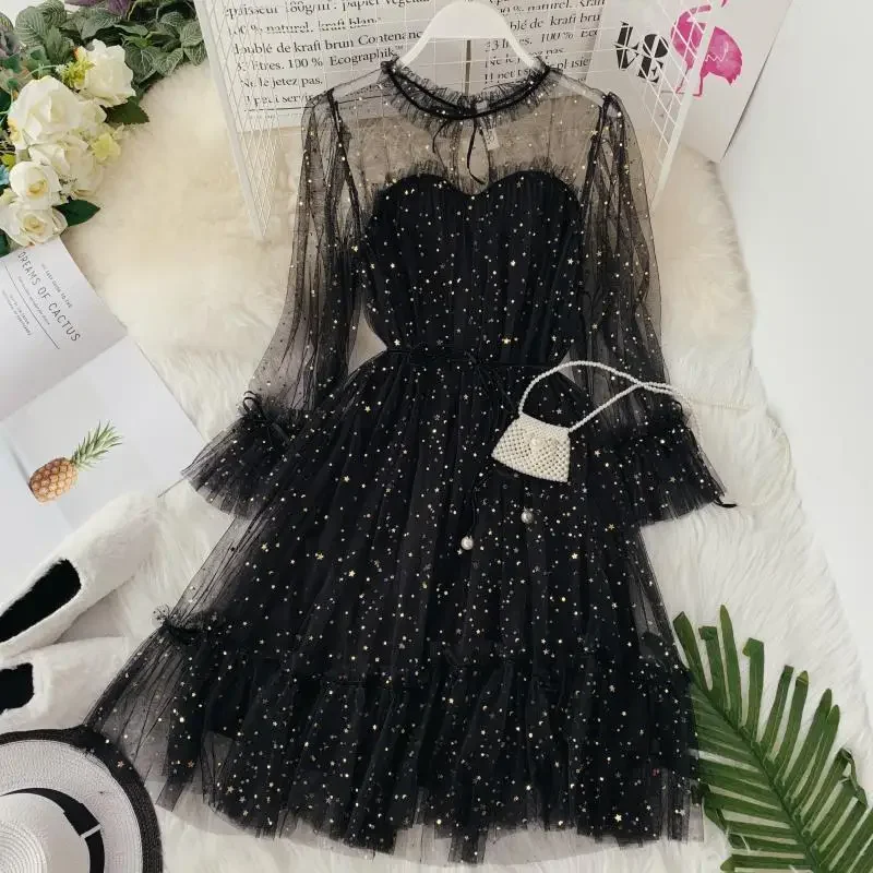 New Spring and Summer Super Fairy Sweet Wood Ear Stitching Mesh Gauze Dress Female Temperament Lady Dress