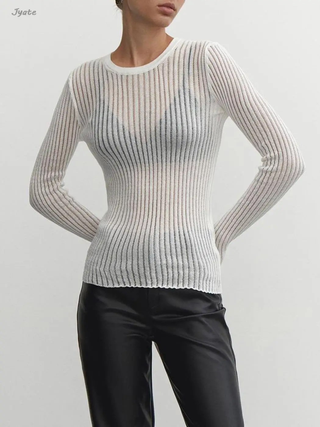 Perspective Sexy Thin Knit Sweater Women Solid Color Basic Pullover Top Casual Cozy Long Sleeve T-shirts 2023 Spring Summer New