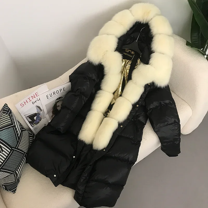 MENINA BONITA New Real Fox Fur collo di pelliccia di procione giacca invernale con cappuccio donna Warm Duck Down Long Streetwear capispalla