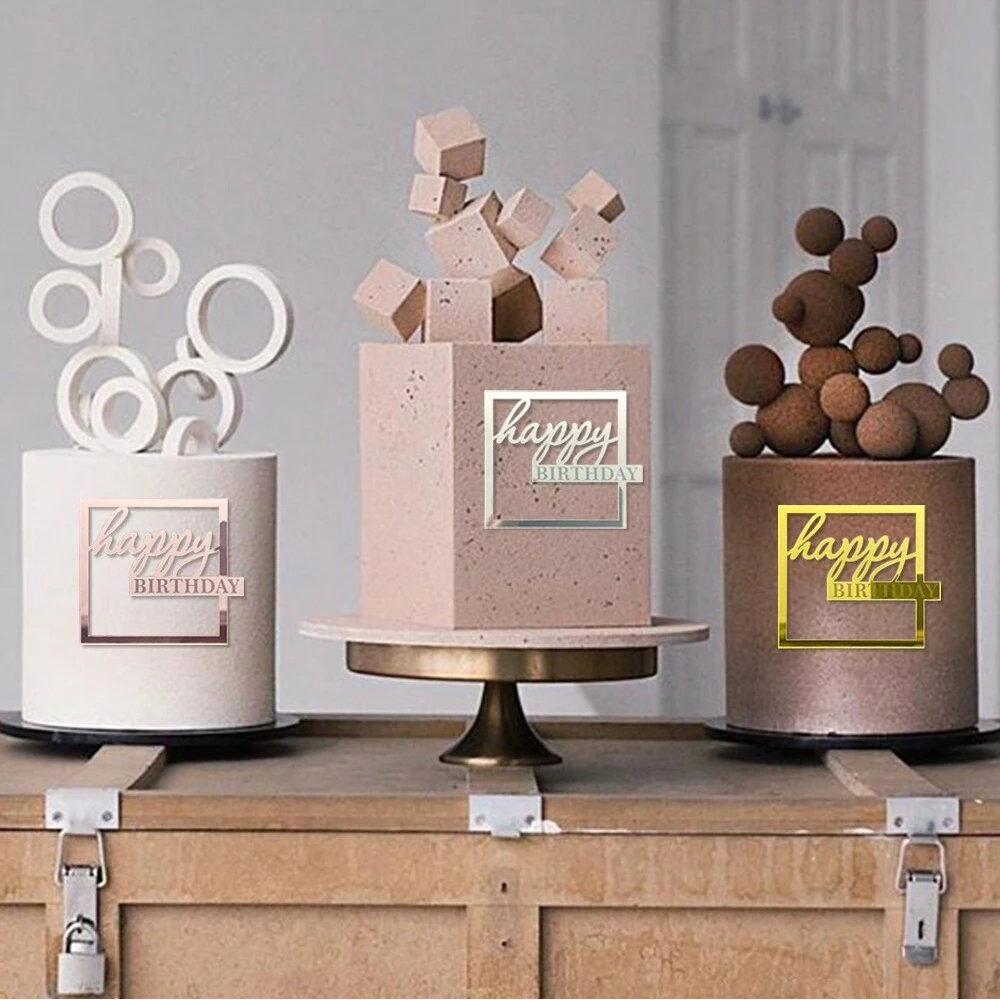 3pcs Happy Birthday square Acrylic Cake Topper Gold Silver Rose Gold Birthday Party Baby Shower Cake Decoration Accessories