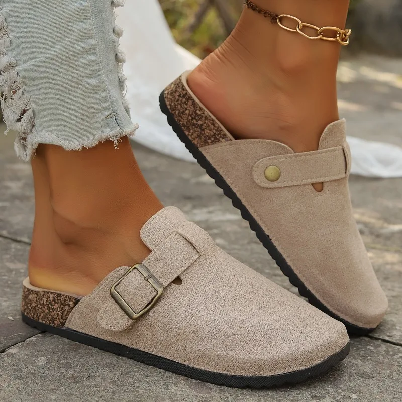 Summer New 2024 Womens Fashion Round Toe Flat Anti-slip Womens Shoes Casual Solid Color Suede Shallow Mouth Slip-on Womens Mules