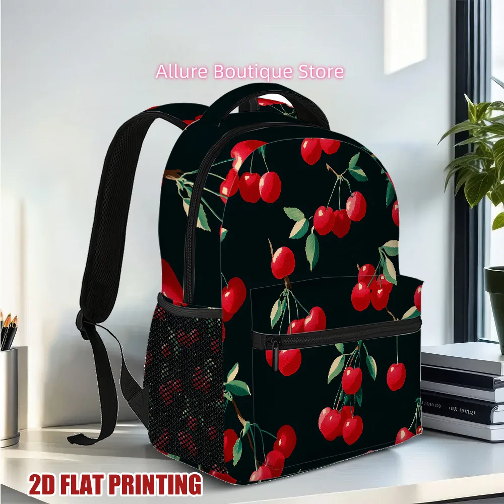 1pc Cherry Delight Backpack - Lightweight, Trendy 2D Flat Print Design with Red Cherries & Green Leaves, Multiple Compartments &