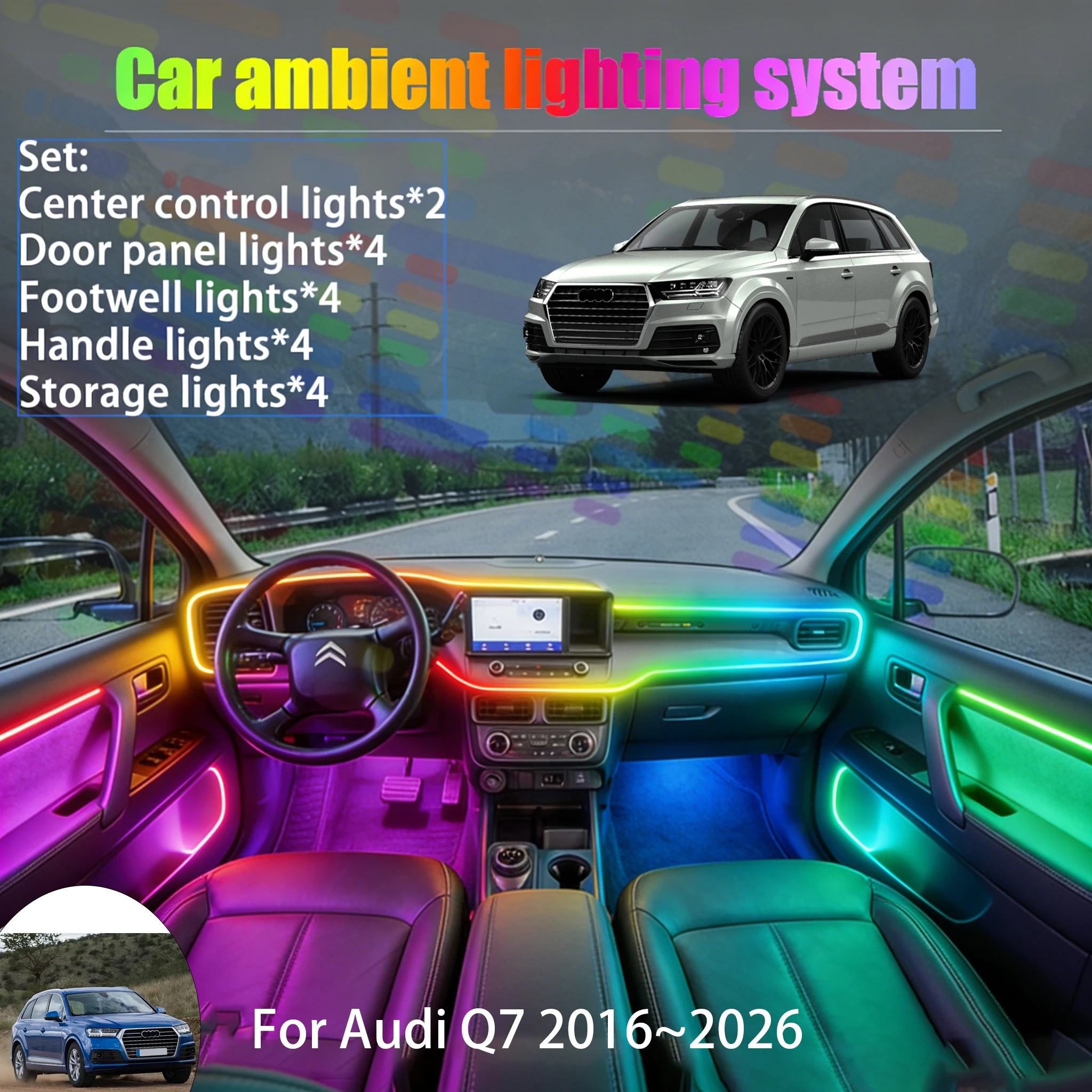 

For Audi Q7 2016~2026 4M MK2 2/18 in 1 Car ambient lighting Led trunk interior led lights USB RGB Ensemble Streamer Accessories