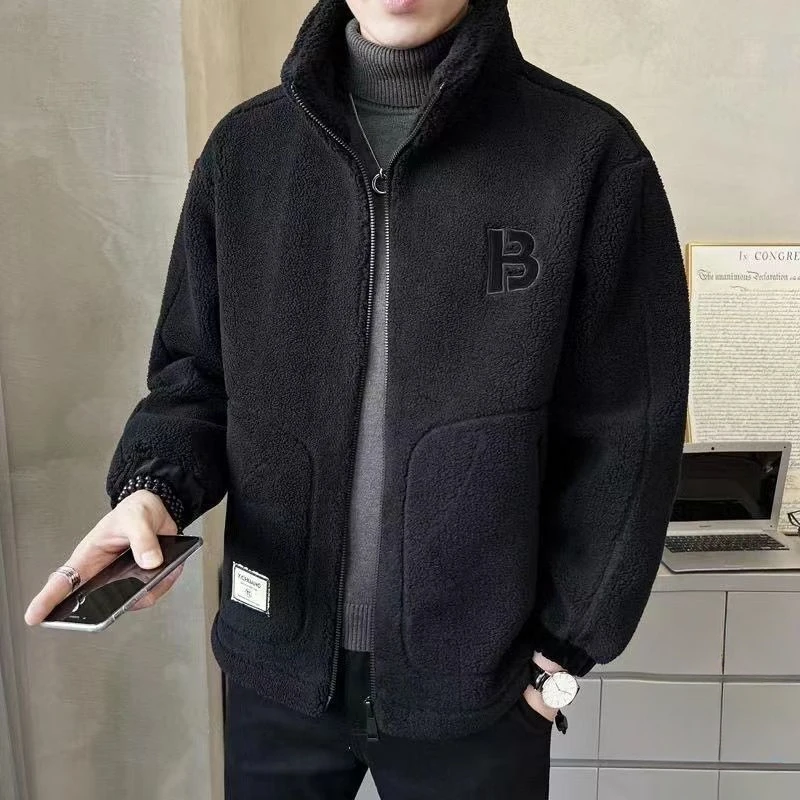 Autumn and winter new lamb wool jacket men's stand-up collar trend fleece thickened men's winter coat trend