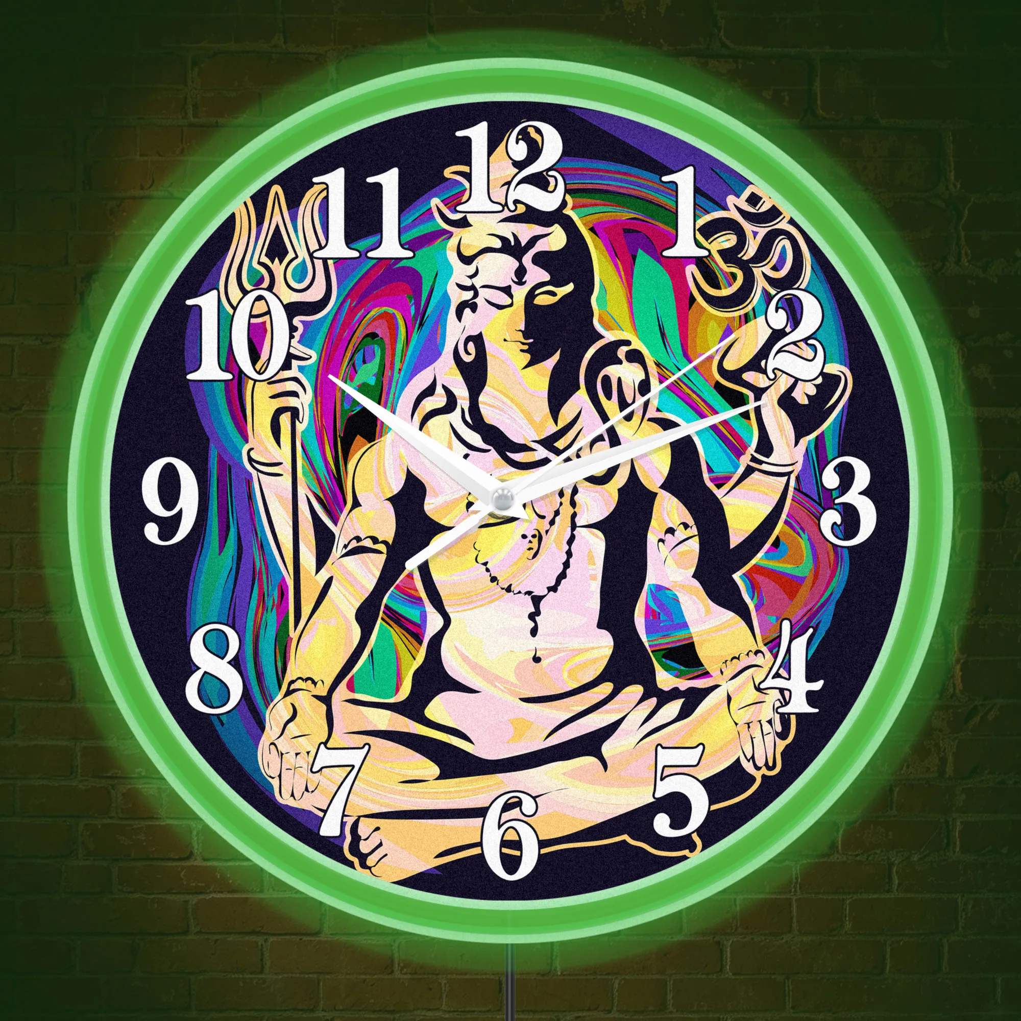 Psychedelic Shiva LED Light Up Wall Clock Illuminated Om Sign Hindu Mythology Decorative Neon Light Clock for Meditation Room
