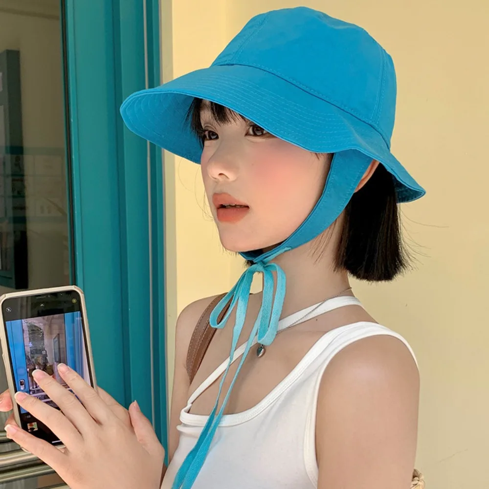 Japanese Show Face Small Strap Bucket Hats Women Summer Thin Breathable Sunshade Sun Protection Sweet Versatile Loli Basin Caps