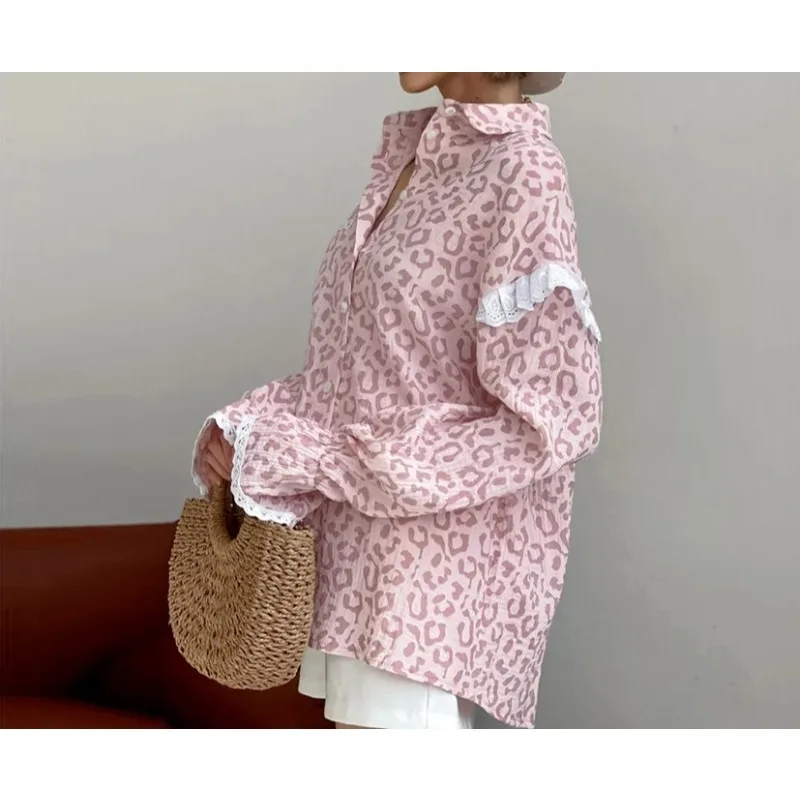 2025 Autumn Fashion Cotton-Linen Casual Subtle-Style Pink Leopard Print Long-Sleeved Shirt