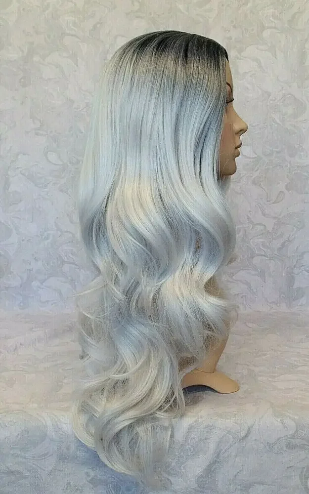 Long Wavy Silver White Ombrem skin Part High Heat Full synthetic Wig