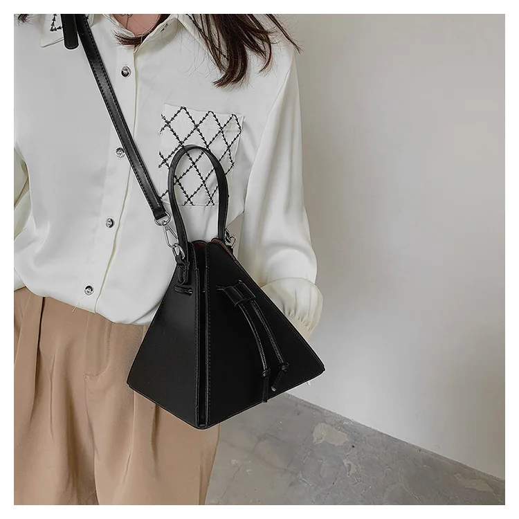 Creative Pyramid Triangle Shaped Ladies Mini Bag Drawstring Closure PU Leather Top Handle Crossbody Handbag