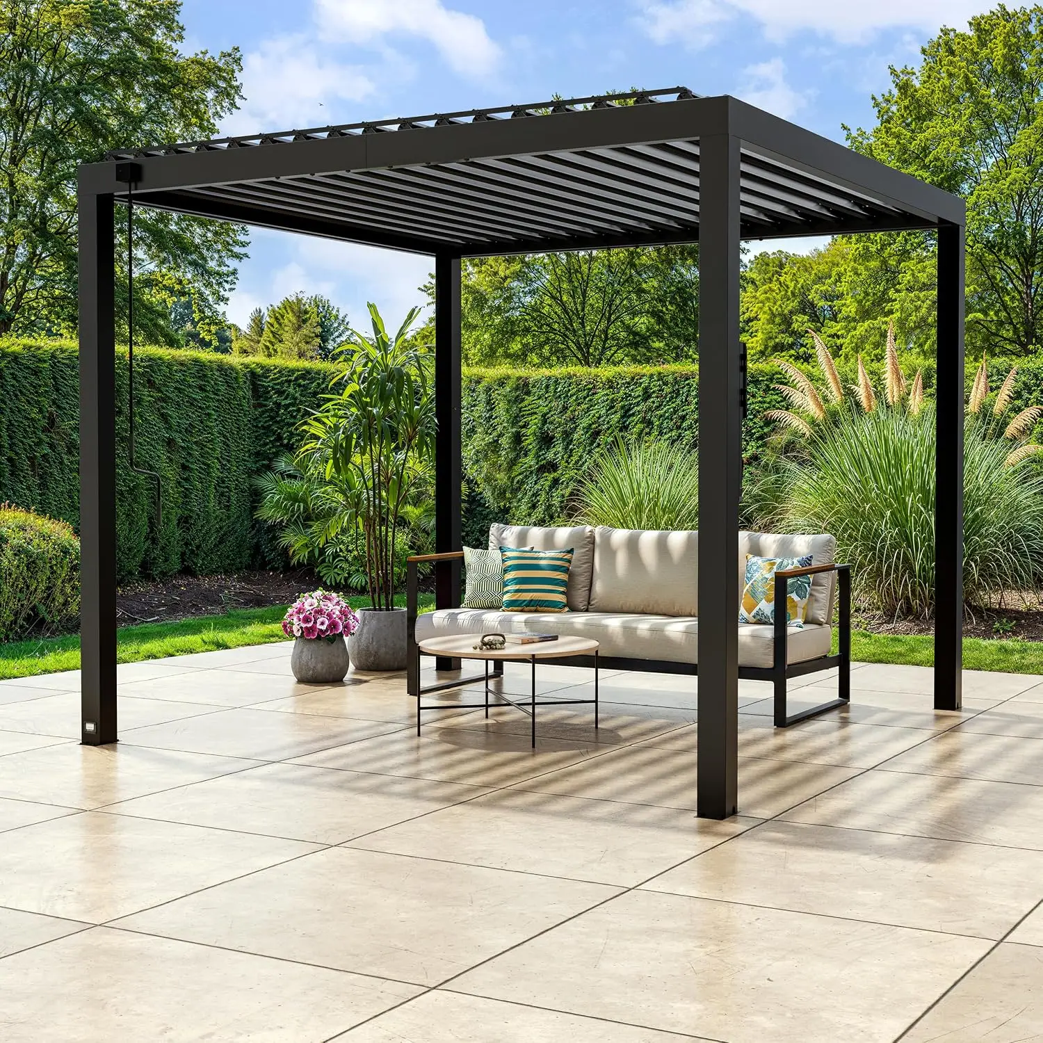 Sarasota 10' x 10' Galvanized Steel Louvered Pergola Kit with Adjustable Roof, Shade, Rain Protection, High-Wind Rating, Gutter