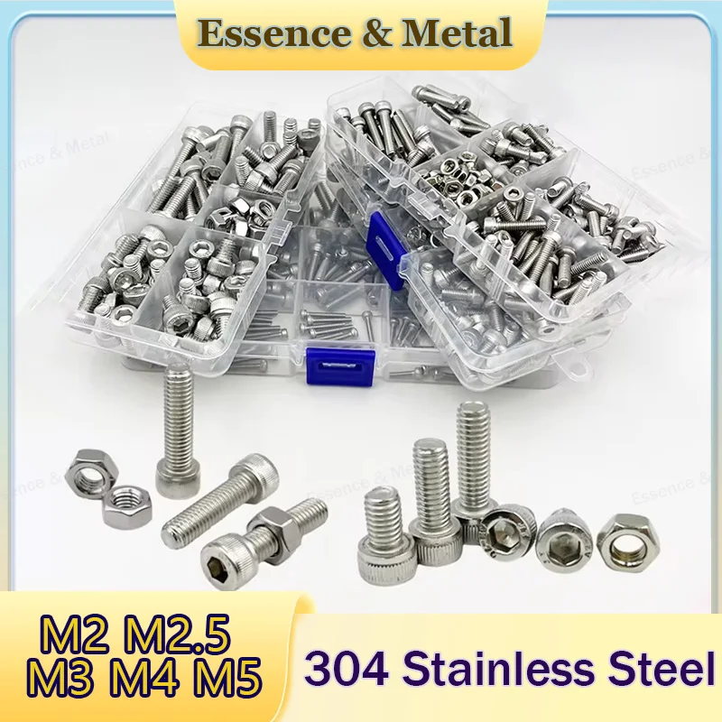 200-300PCS Hexagon Socket Head Screw and Nut Set Combination M2M2.5M3M4M5 304 Stainless Steel Cup Head Hexagon Socket Bolt Set