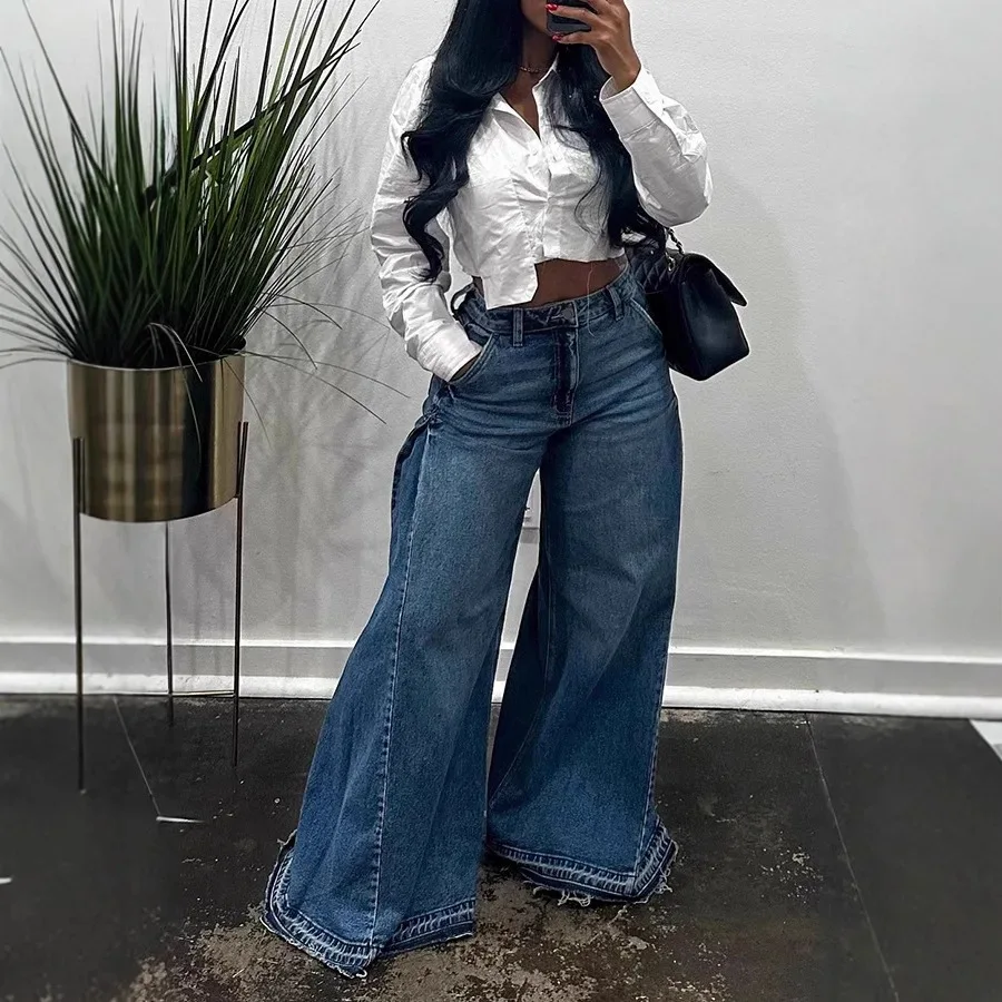 Deeptown Blue Washed Women Flared Jeans Harajuku Y2k Oversized Wide Leg Spliced Tassel Denim Pants Baggy American Retro Trousers