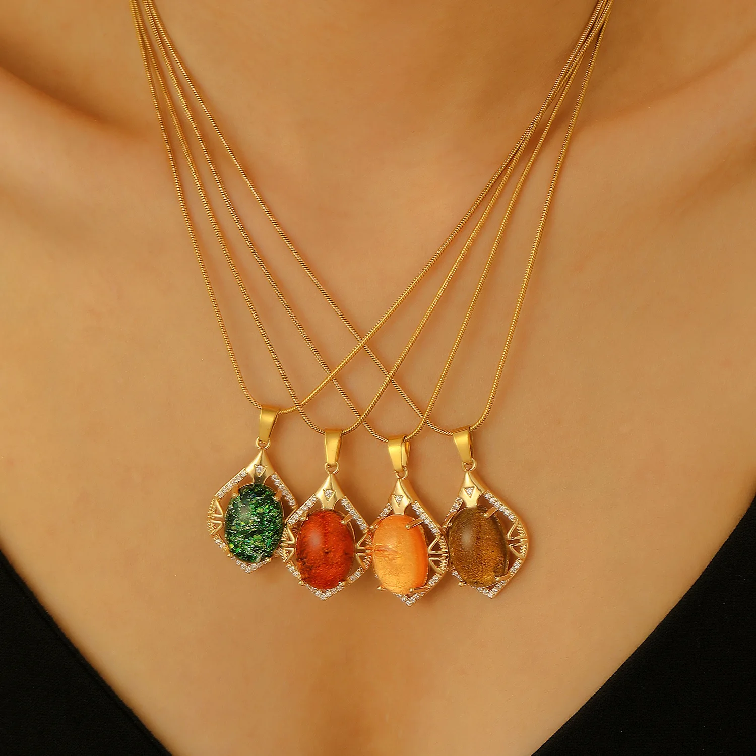 

Gold Plated Women Boho Nature Inspired Pendant Chain Gemstone Leaf Design Statement Necklace Elegant Style Daily Wear Gift