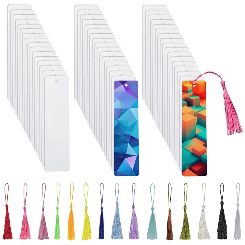 

ABMO 50Pcs Sublimation Bookmark Blank Heat Transfer Aluminum Metal Bookmarks Bulk DIY Bookmarks With Hole And Colorful Tassel