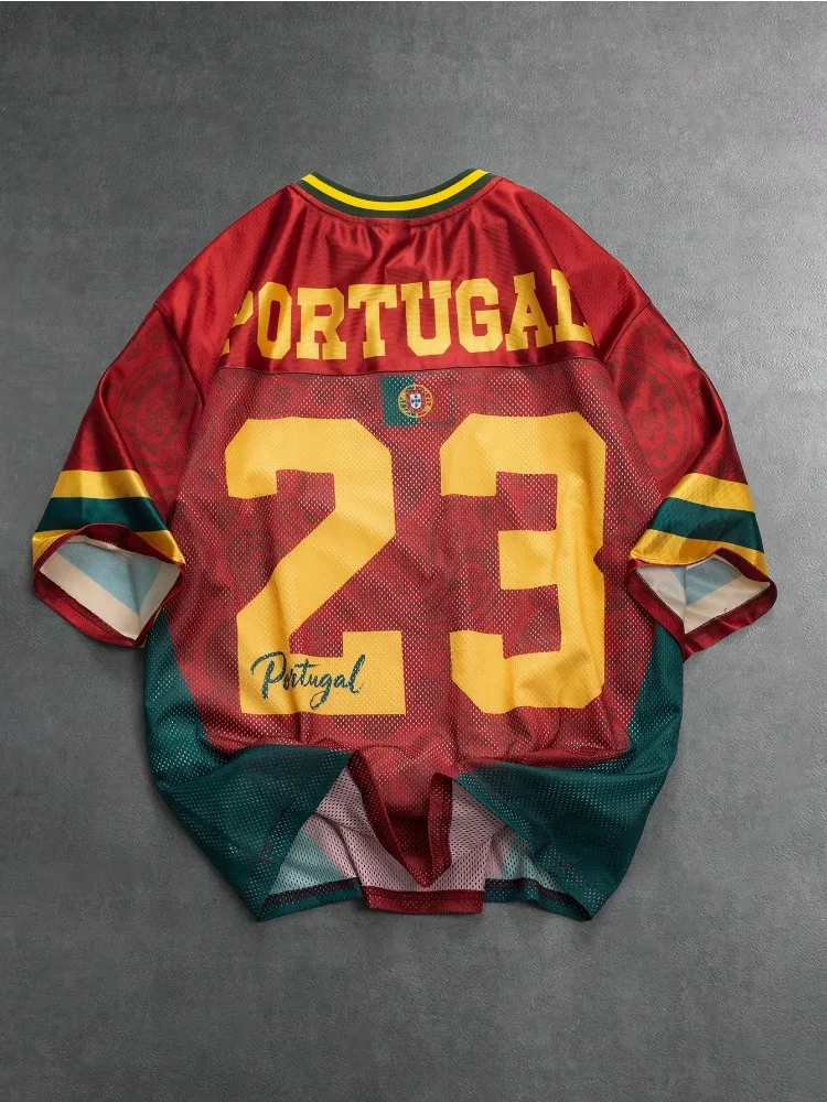 American Men's Football Streetwear Jersey Brand Portugal 23 Print Polyester Mesh Red Green V-neck Multi Color Jersey Summer