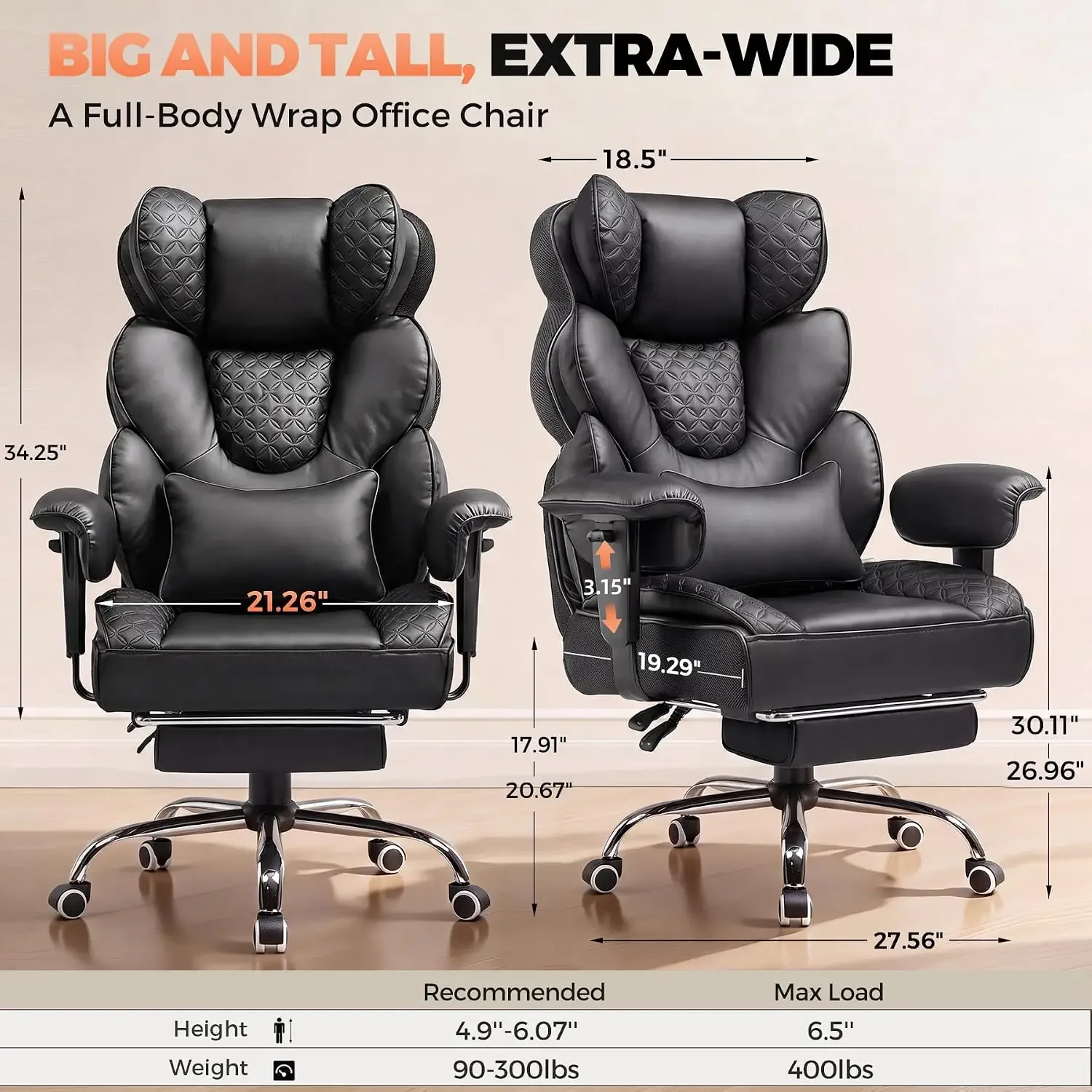 Big and Tall Office Chair with Upgrade Footrest, Heavy Duty Gaming Chair High Back Executive Chair with Spring Lumbar Support